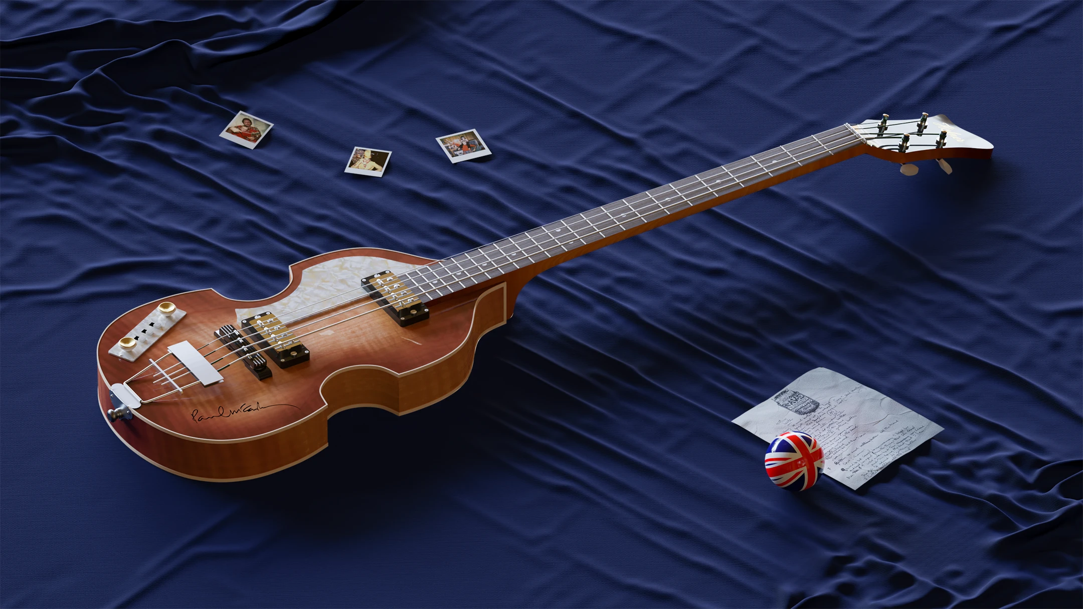 Paul McCartneys Bass liegt in einem Gitarrenkoffer mit dunkelblauem Samttuch als Untergrund.