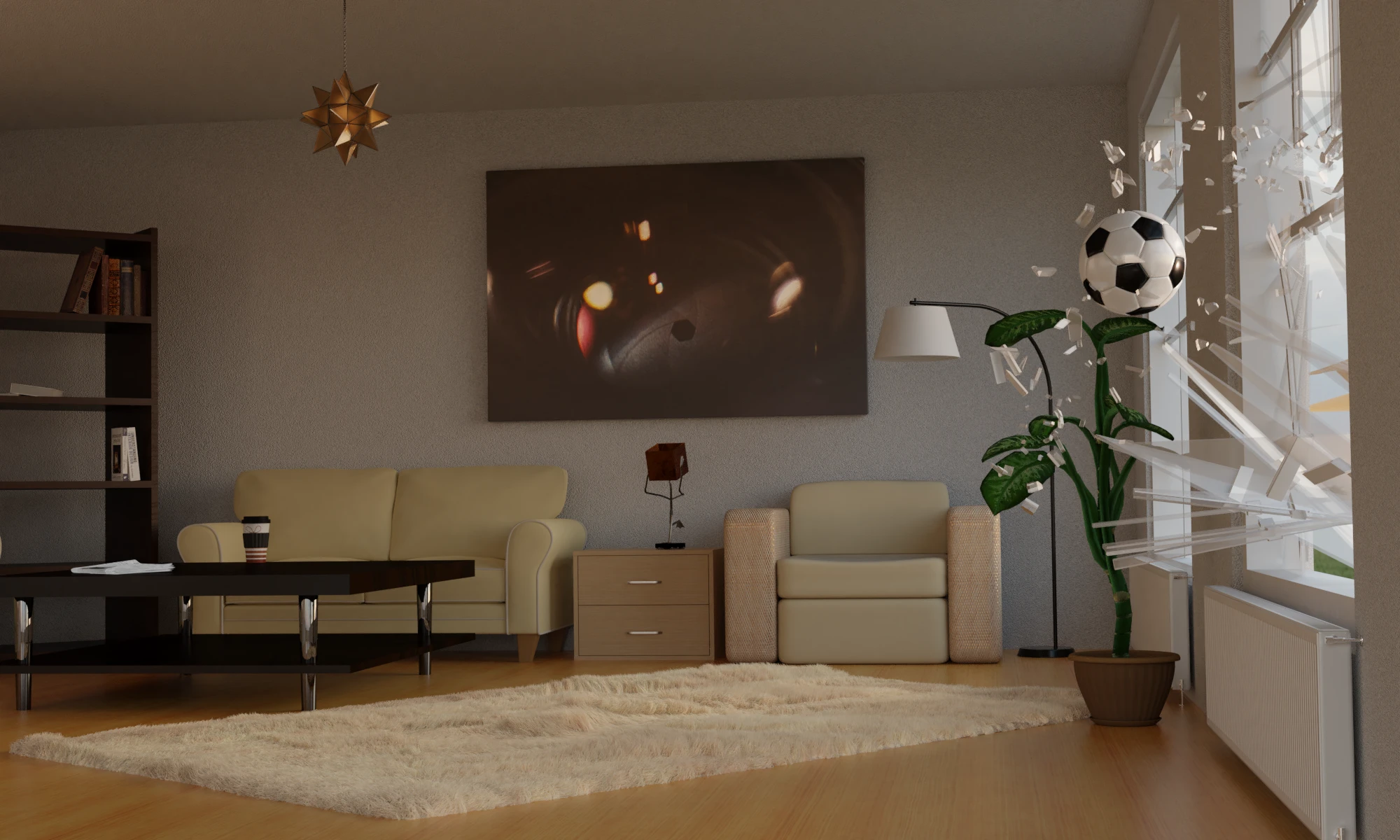Festgehaltener Moment, als ein Fußball durch die Scheibe in ein Wohnzimmer fliegt.