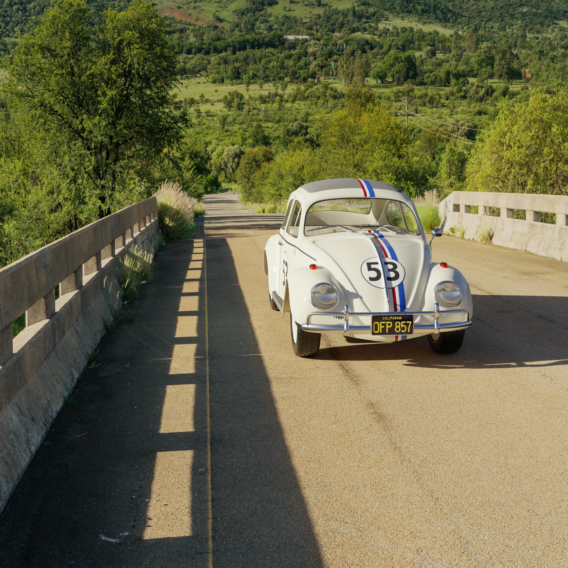 Frontansicht auf den VW-Käfer: Herbie. Er steht auf einer Steinbrücke, im Hintergrund befindet sich viel Wald-Grün als überwuchernde Büsche, Bäume und Gras.