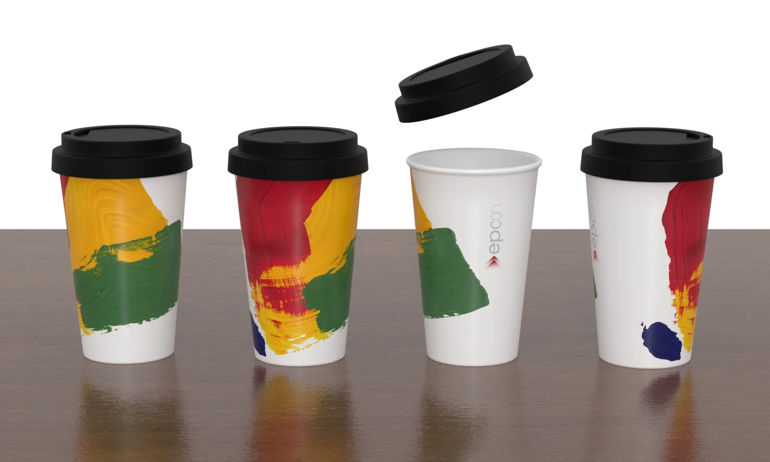 Porzellan Kaffeebecher in 4 Ansichten mit Acryl-Farb-Gemisch als Motiv