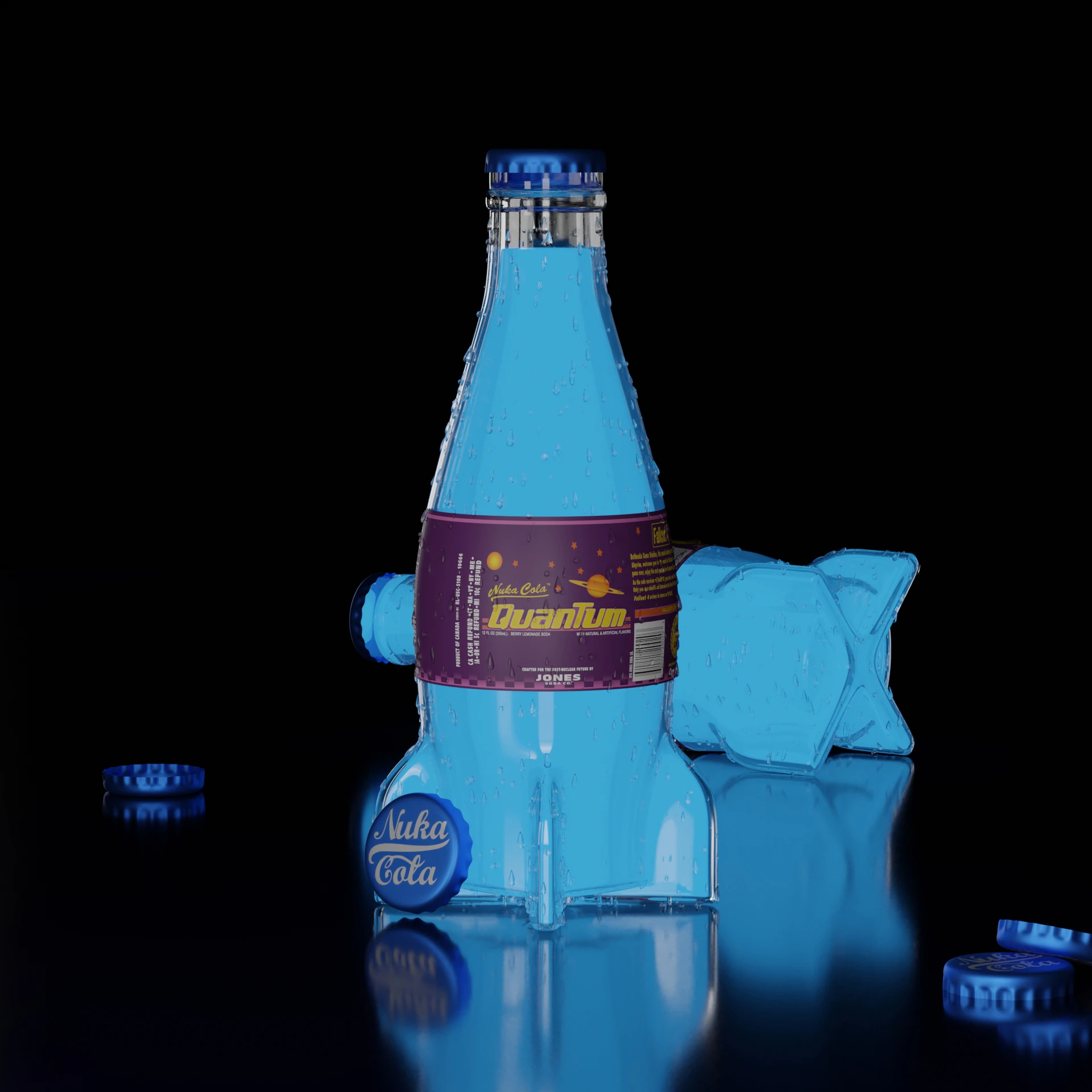 Nachempfundene Flaschen von Nuka Cola Quantum aus dem Computerspiel: Fallout 4.