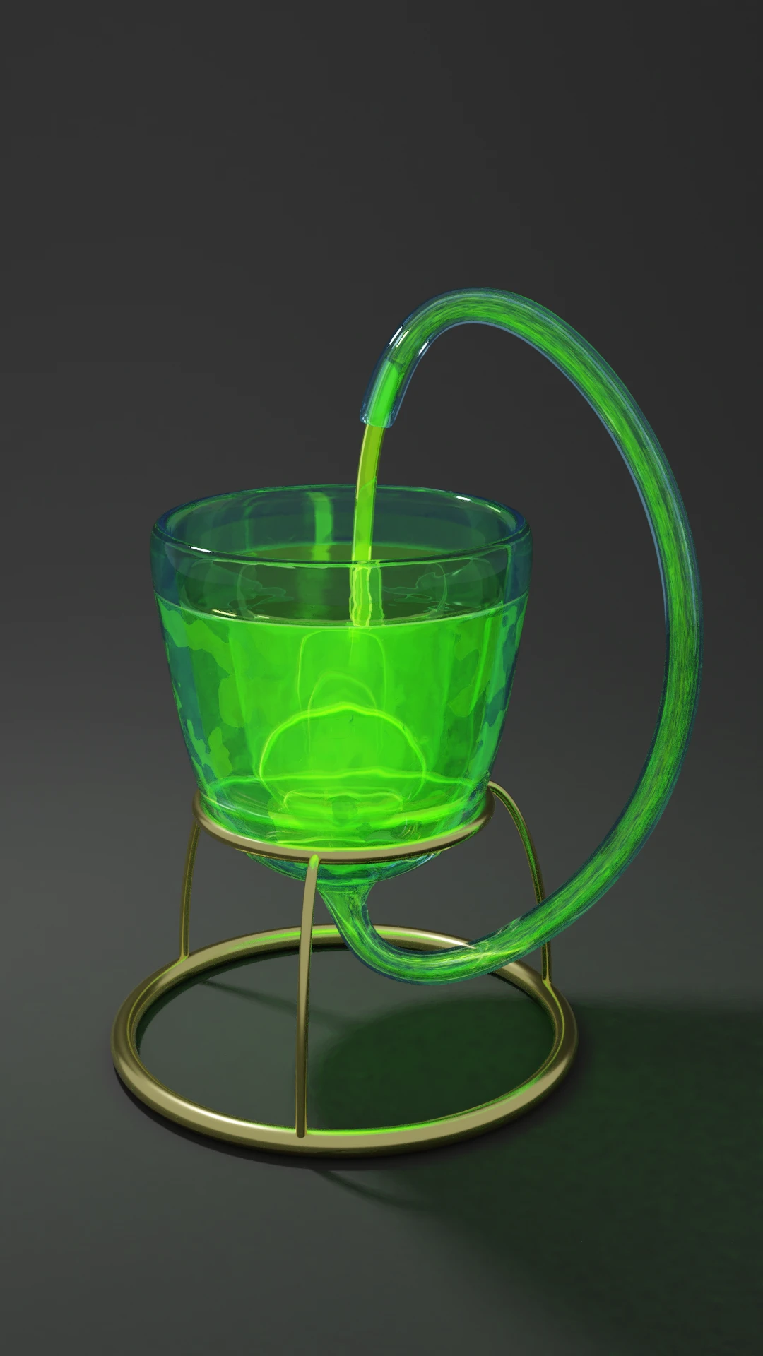 Ein Perpetuum Mobile. Das Modell ist ein Glas, das sich selbst mit Wasser begießt.