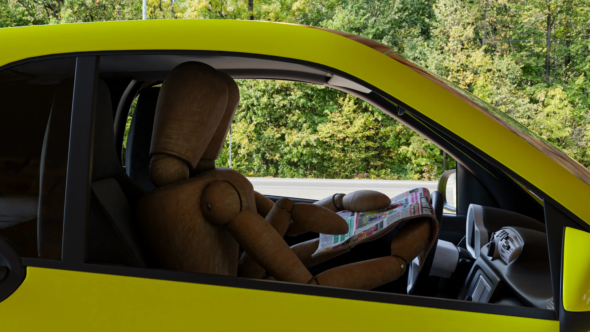 Zwei Holzpuppen sitzen im Auto und lesen Zeitung.