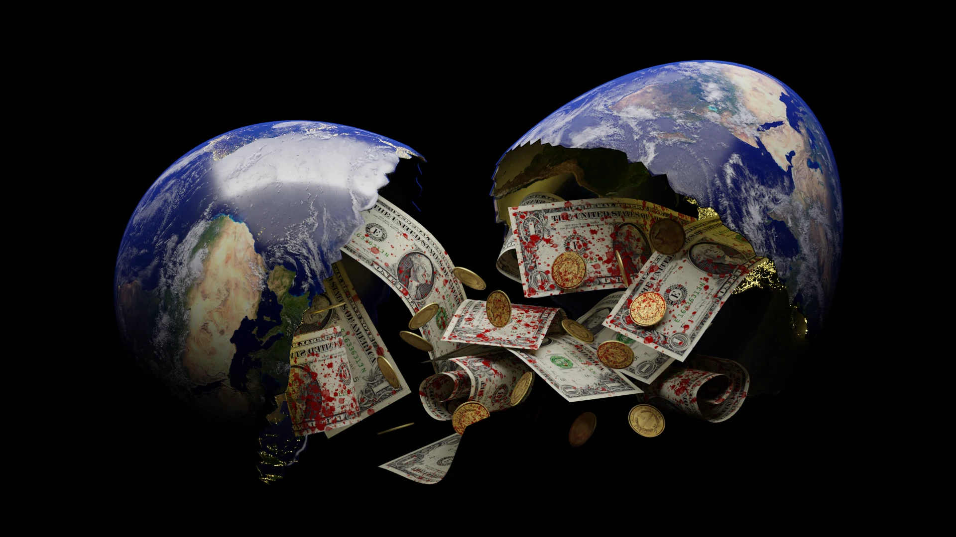 Ein zerbrochenes Ei mit dem Planeten Erde als Schale und blutbeklebte Geldscheine und Münzen als Inhalt, der herausfällt.